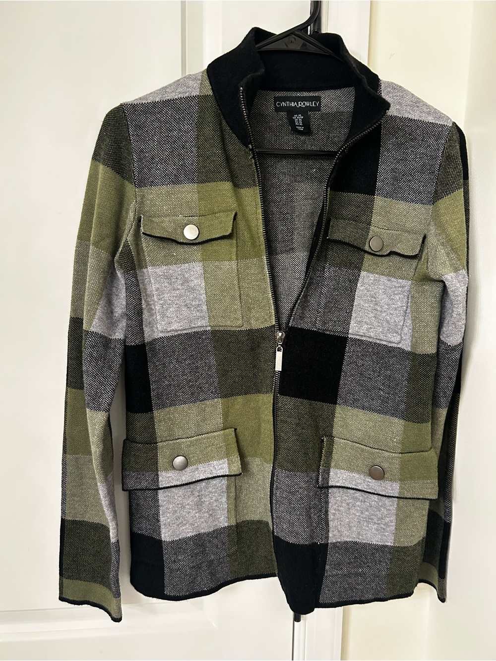 Cynthia Rowley Olive & Black Textured Knit Zip Jacket. XS